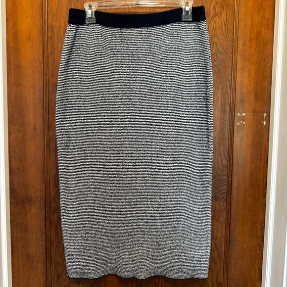 Zara Navy White Striped Stretch Knit Pencil Skirt Womens L Corp Work Classic - Picture 1 of 7